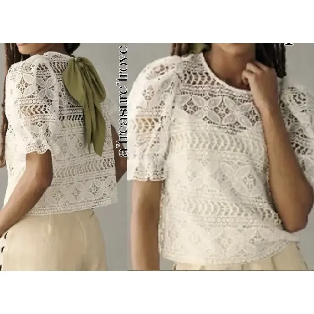Dolan Anthropologie Lace Top Women's Large Ivory Puff Sleeve Bow Back Lined
